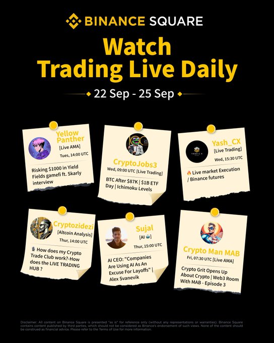 A promotional graphic for 'BINANCE SQUARE' titled 'Watch Trading Live Daily' for '22 Sep - 25 Sep', featuring six yellow sticky notes with trader names like 'Yellow Panther', 'Crypto Jobs3', and 'Yash_CX' along with their topics and times.