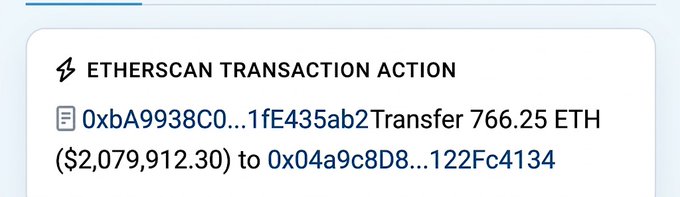 An Etherscan transaction action showing a transfer of 766.25 ETH ($2,079,912.30) from address 0xbA9938C0...1fE435ab2 to 0x04a9c8D8...122Fc4134.