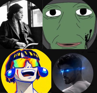 The image features four different cartoon faces with unique styles and colors, each accompanied by a caption that provides context about the face or its creator. The faces are arranged in a square format against a black background, making them stand out prominently. The captions provide information about the artist who created these faces, such as "FakeRosaParkXBT", "slingoorio", and "imperooterxbt".