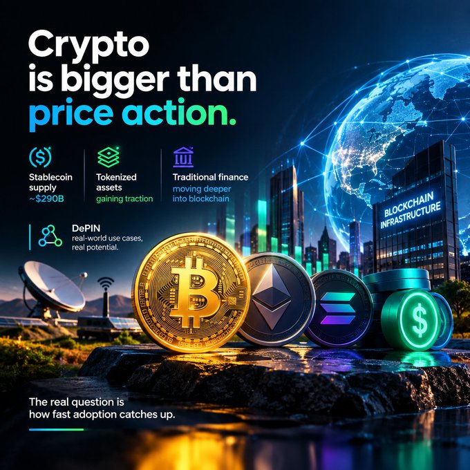 A promotional graphic declares 'Crypto is bigger than price action,' highlighting trends like 'Stablecoin supply ~$290B', 'Tokenized assets gaining traction', 'Traditional finance moving deeper into blockchain', and 'DePIN', accompanied by imagery of Bitcoin, Ethereum, Solana, and other coins.
