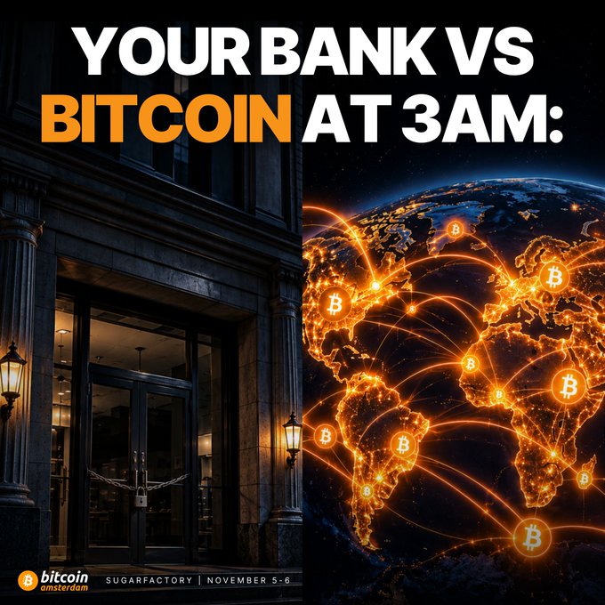 A promotional graphic for 'bitcoin amsterdam' contrasts a closed bank building with a glowing digital world map overlaid with Bitcoin logos, under the text 'YOUR BANK VS BITCOIN AT 3AM: SUGARFACTORY | NOVEMBER 5-6'.