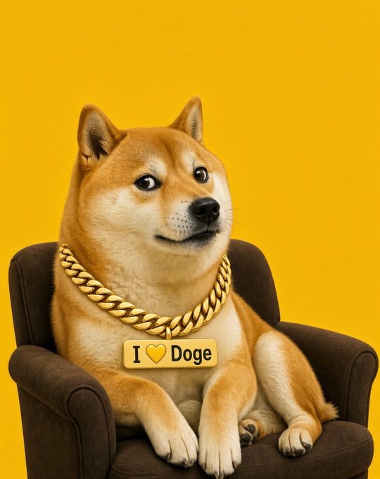 A 3D-style illustration of a Shiba Inu dog wearing a thick gold chain with an 'I [heart] Doge' pendant, sitting confidently in a small brown armchair against a bright yellow background.