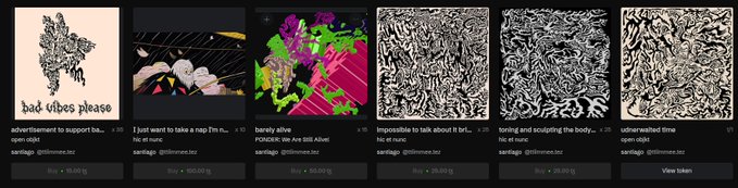 A digital art portfolio display on OBJKT (Tezos NFT marketplace) showcasing six artworks by artist "ttiimmee," including an advertisement piece titled "bad vibes please" and various abstract and figurative compositions with prices ranging from approximately 15 to 60 tez. The grid layout presents thumbnail previews of the artist's creative work, with the rightmost piece featuring a "View token" button for further interaction.