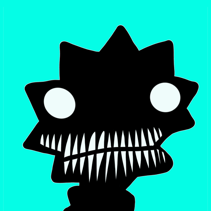 A black silhouette logo of a spiky-haired cartoon character with large white eyes and a wide toothy grin on a teal background.