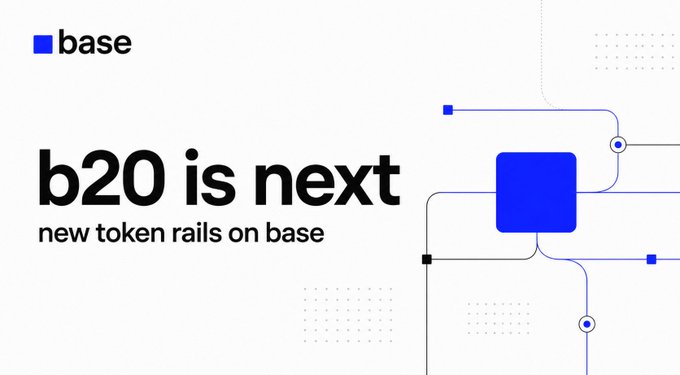 The image is a Base-branded promotional graphic featuring the "base" logo (blue square) in the top-left, bold text reading "b20 is next / new token rails on base," and a tech-inspired design with a blue rounded square connected to dotted circuit-like lines. It visually reinforces the post's message that Base is developing native token infrastructure for stablecoins, RWAs, equities, and other assets—not just memecoins.
