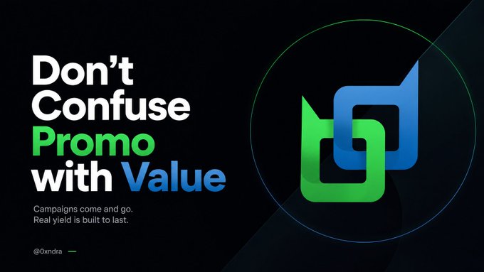 A promotional graphic with bold text reading "Don't Confuse Promo with Value" alongside the tagline "Campaigns come and go. Real yield is built to last," featuring the Beldex (BDX) logo in blue and green—reinforcing the post's warning that BDX's high temporary APR exchange promotions shouldn't be mistaken for sustainable staking yield.