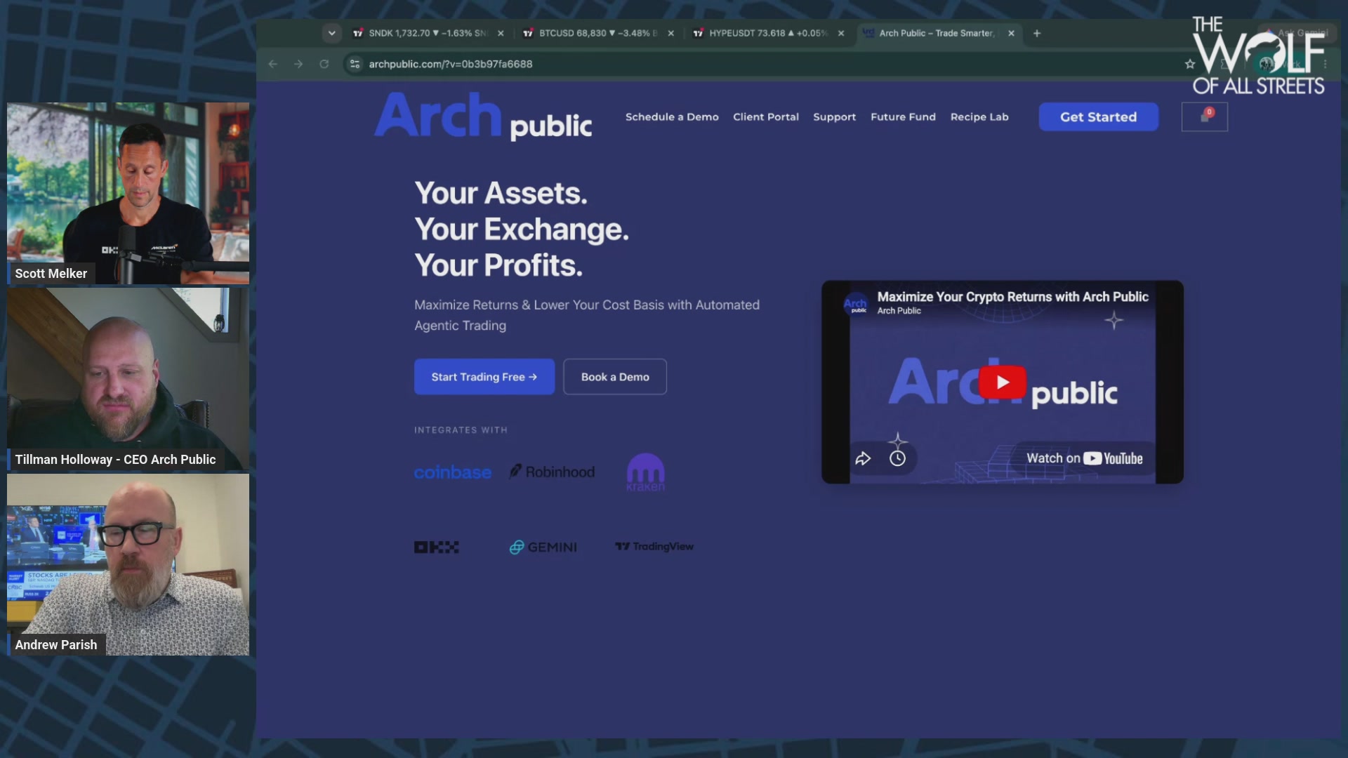 The image shows a screen of a website featuring four people discussing Bitcoin, which has experienced a significant crash below $70K, causing a massive loss for investors. The discussion revolves around the cryptocurrency market's current state, with some participants asserting that Bitcoin is a "crash" or being a "financial bomb". One person even claims that the ETFs in the image are "bleeding A historic $3.4 Billion", indicating potential losses in the crypto space. This visual information supports what was discussed during the podcast recording.