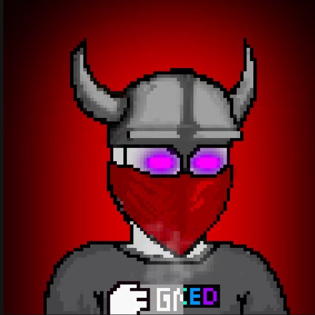 Pixel art illustration of a horned warrior character wearing a silver helmet, red bandana mask, and glowing pink eyes against a red gradient background, with a 'GrEED' logo at the bottom.