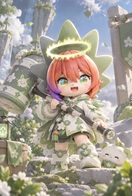 An anime-style figure of a small girl with orange and purple hair, wearing a green and white floral outfit and a glowing green halo-like headpiece, holds a large green hammer with a bunny face design in a bright outdoor setting.