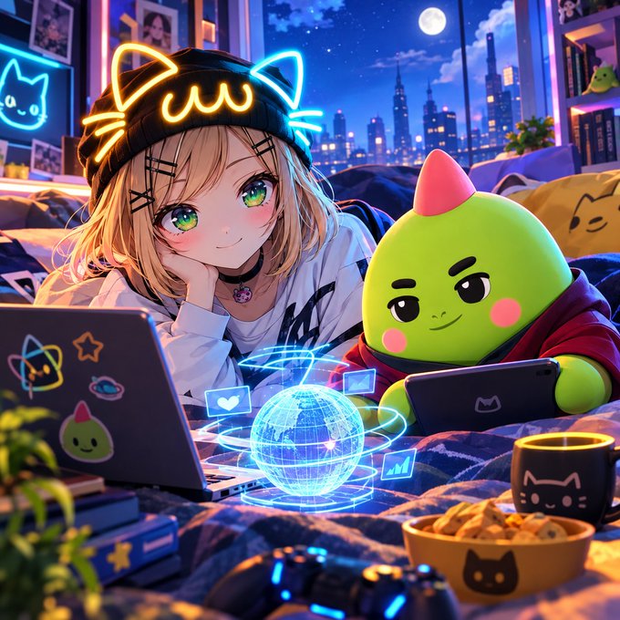 An anime-style illustration features a blonde girl wearing a neon cat-ear hat alongside a green plush character, both using laptops in a bedroom with a glowing holographic globe and a city skyline view at night.