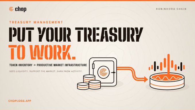 A promotional banner for "chop" featuring "TREASURY MANAGEMENT - PUT YOUR TREASURY TO WORK" with token inventory and productive market infrastructure text, branded for Robinhood Chain.