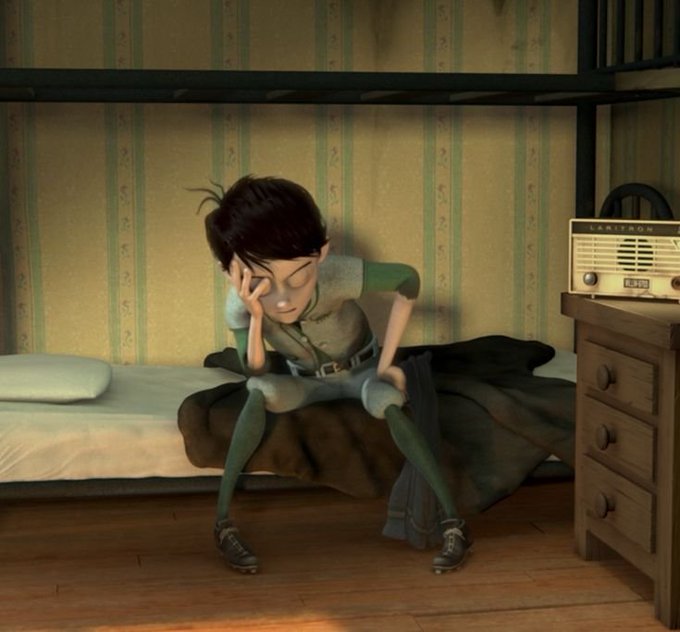 A 3D animated scene of a young character with dark hair sitting on a bunk bed, holding their head in apparent frustration or fatigue, with a vintage "EAMPRON" radio on a nearby wooden dresser.