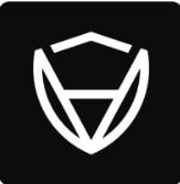 A minimalist black background featuring a white shield/crest logo emblem.