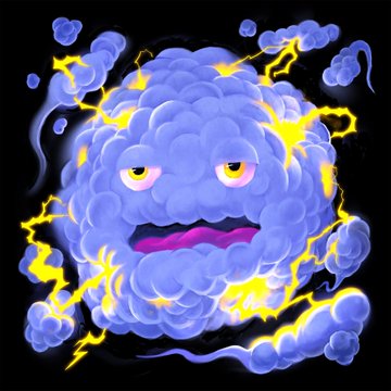 A digital illustration of an angry purple storm cloud monster with glowing eyes and mouth, surrounded by yellow lightning bolts against a black background.