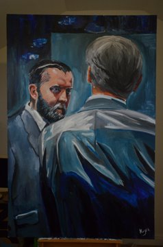 A painting of two men in suits, one facing away from the viewer and another with a beard looking back over his shoulder.