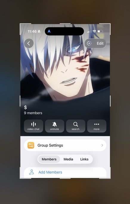 A screenshot of a group chat interface on iOS featuring an anime character with white hair and a scarred face as the group photo, showing 9 members with options for video chat, unmute, search, and more.