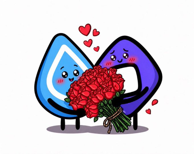 A cartoon illustration of two anthropomorphic water drop characters hugging a bouquet of red roses with hearts floating around them.