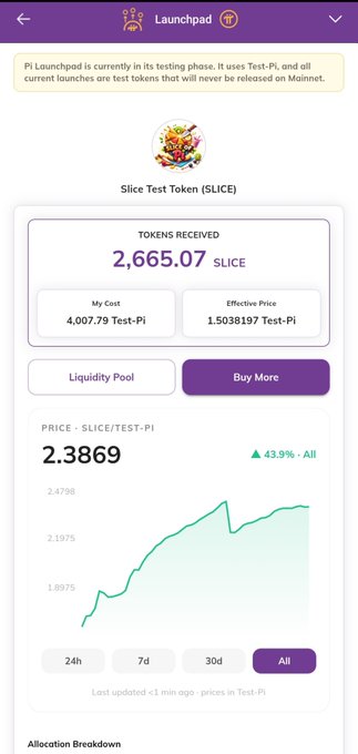 A Pi Launchpad interface shows the results of purchasing 'Slice Test Token (SLICE)' during its testing phase, indicating 2,665.07 SLICE tokens received at a cost of 4,007.79 Test-Pi and a current price of 2.3869.