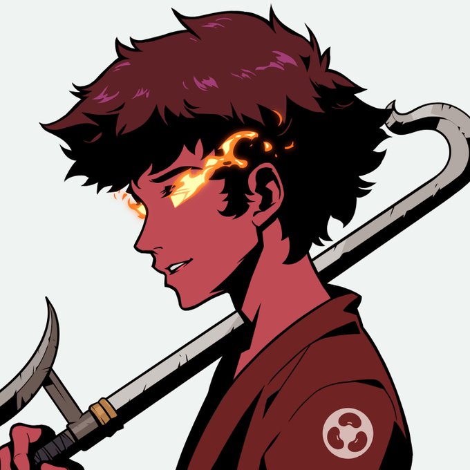 Anime-style illustration of a young character with fiery glowing eyes, messy dark hair, and a red outfit, carrying a hooked staff weapon over their shoulder.