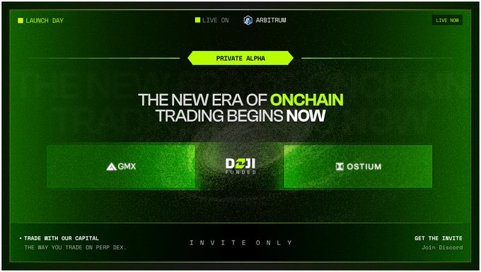The image features a green background with white text that reads "The new era of ONCHAIN trading begins now" along with two logos, one for Doji and another for GFX. The text also mentions an event called "Invite Only" where people can trade onchain using the app.