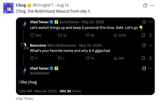 A X/Twitter thread by @ChogNFT showing a screenshot of a post by Vlad Tenev (@vladtenev) where he replies 'i like chog' during an AMA session on May 24, 2025.