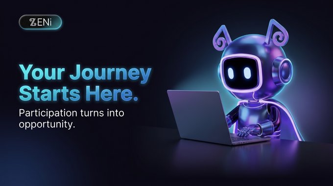 The image features a robot sitting at a desk, using a laptop computer. The text displayed on the image reads "Your journey starts here." This suggests that the robot is participating in an online event or competition related to web3 technology. The robot's actions of completing tasks and building its signal can be seen as partaking in an opportunity to earn money through the competition.