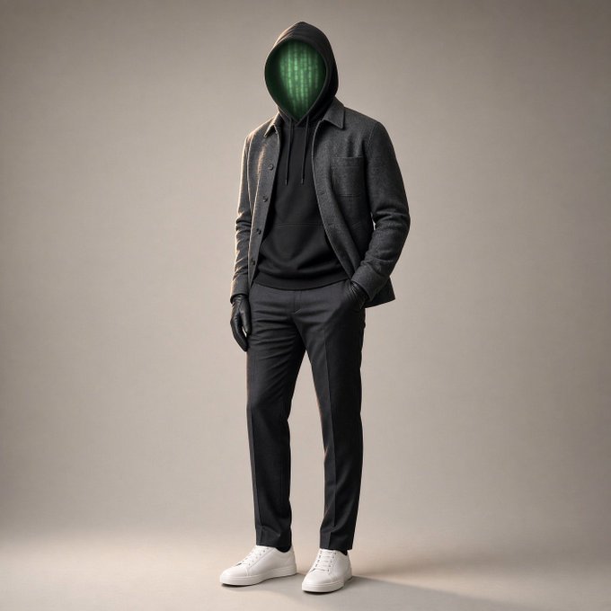 A fashion photo of a mysterious figure wearing all-black attire including a hooded jacket, jacket, pants, and gloves, with a green digital matrix-style face covering, paired with white sneakers.