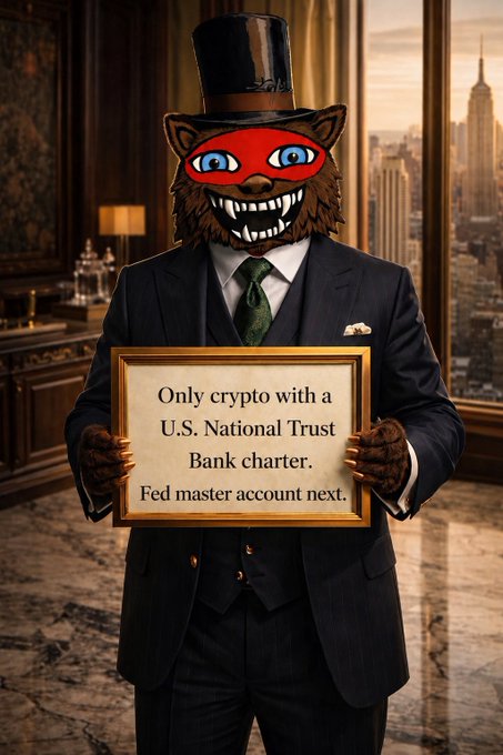An anthropomorphic XRP/Ripple mascot in a formal suit and top hat holds a placard reading "Only crypto with a U.S. National Trust Bank charter. Fed master account next." The image visually reinforces the post's claim about Ripple's unique regulatory milestone and its potential pursuit of a Federal Reserve master account, framing it as the foundational infrastructure work happening beneath surface-level price attention.