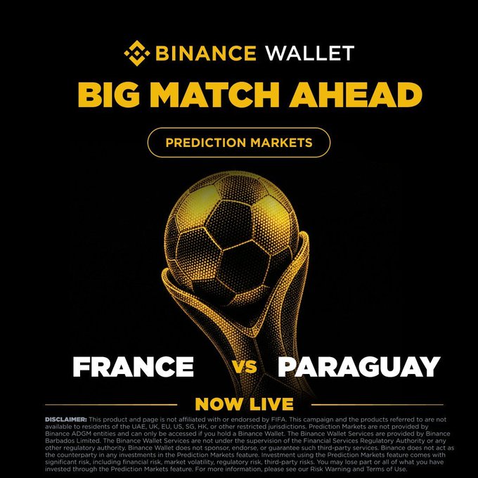 A Binance Wallet promotional graphic featuring a golden soccer ball trophy against a black background, advertising "BIG MATCH AHEAD" prediction markets for a France vs Paraguay football match now live for trading, which ties into the post announcing the 2026 Binance Wallet Football Trading Cup with a 300,000 USDT prize pool.