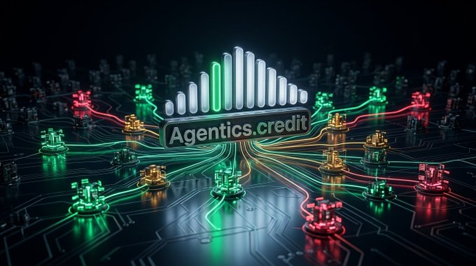 A digital 3D rendering of a glowing circuit board with neon pathways and components, featuring a central label reading 'Agentics.credit'.