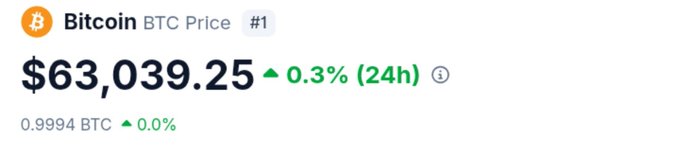 A Bitcoin (BTC) price tracker displays a current value of $63,039.25, up 0.3% over 24 hours, with a secondary figure showing 0.9994 BTC flat at 0.0%. This snapshot illustrates the modest, incremental progress being tracked on Day 139 of posting BTC prices en route to the $100,000 target.