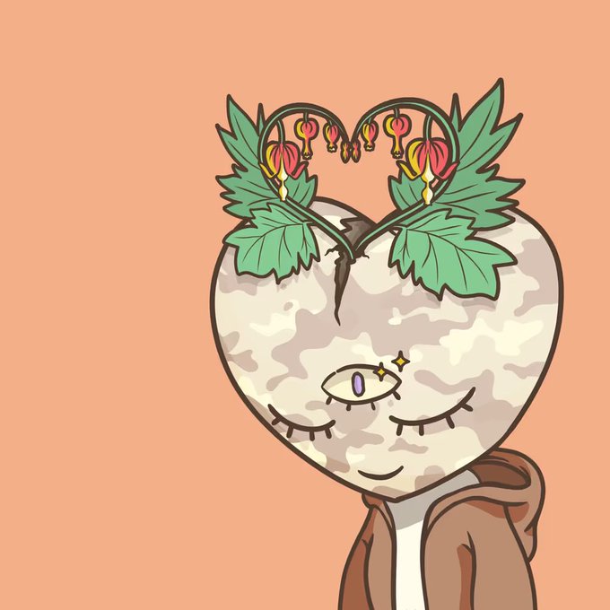 An illustration of a cute character with a heart-shaped head featuring closed eyes and a third eye, sprouting green leaves and pink flowers on top, wearing a brown hoodie against an orange background.