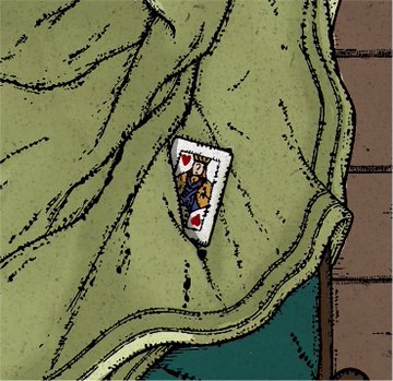A close-up illustration of a green jacket pocket containing a playing card, likely the King of Hearts.