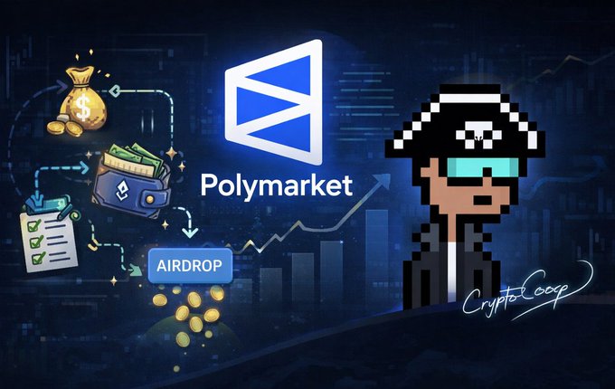 The image features a cartoon character wearing a pirate hat, standing next to a blue banner that says "Polymarket" with an arrow pointing towards a dollar sign. The character also has a wallet and a book nearby. In front of the character is a list titled "Airdrop", which seems to be related to the Polymarket strategy.