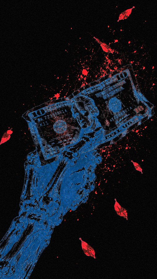 A dark, stylized digital artwork showing a skeletal hand holding a $10 bill against a black background with red splatter effects resembling blood.