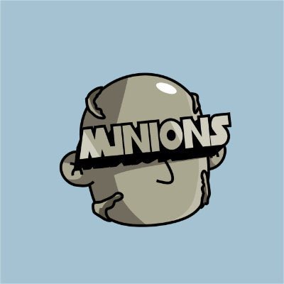 The image features a cartoon illustration of a head with a face drawn on it, which has been altered by adding text that reads "Minions" above its eyes. The background color of the image is blue, and there are two lines of text in white at the bottom right corner of the image. The post mentions an upcoming collaboration between the creators of @theminionxyz and a new collection called MinoList, which will be available for download on the website @Racerz_eth.