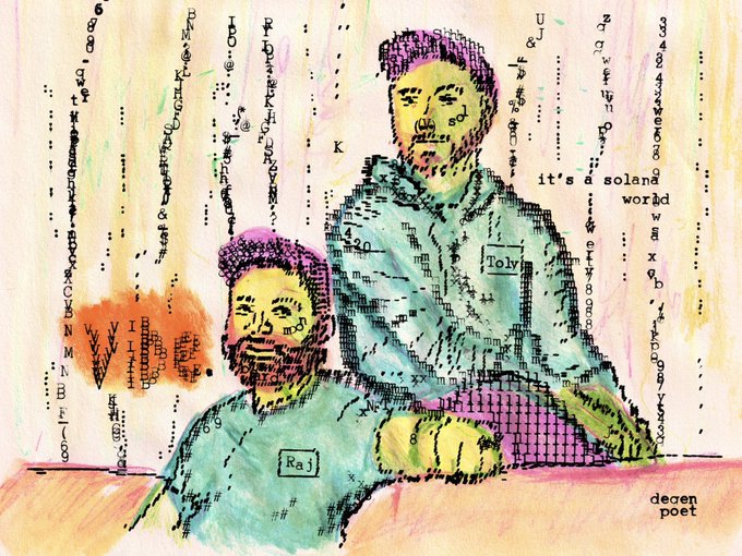 An artistic illustration featuring two figures labeled 'Raj' and 'Toly' with the text 'it's a solana world' and 'degen poet' in the bottom right corner, rendered in a colorful, digital mixed-media style with scattered code-like characters.