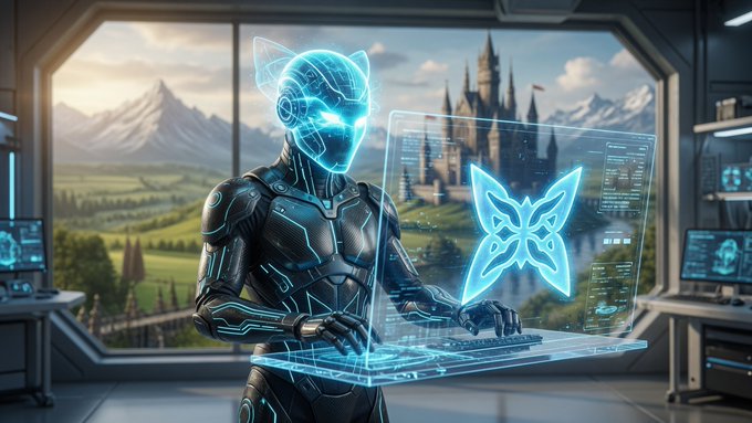 A futuristic AI-themed digital illustration featuring a glowing blue robotic figure working at a holographic computer terminal with a castle and mountains visible through the window.