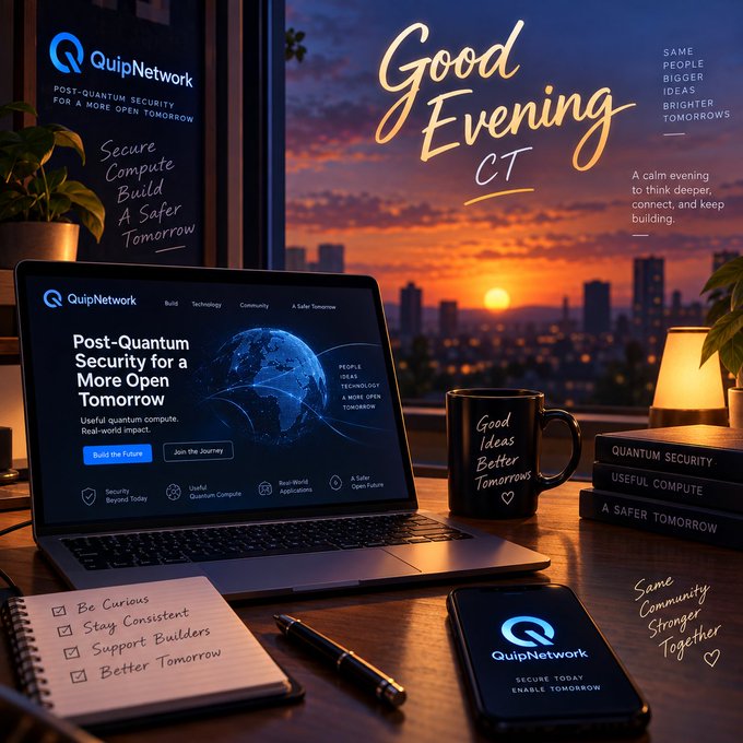 A promotional image for QuipNetwork, a post-quantum security platform, displayed on a laptop screen at sunset with the greeting 'Good Evening CT' and a 'Secure Compute Build A Safer Tomorrow' banner.