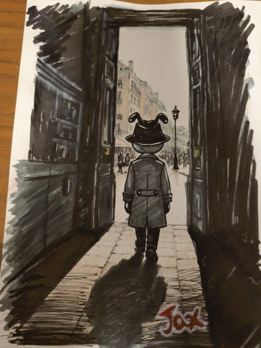 An ink drawing signed 'Jax' depicting a small figure wearing a horned helmet and trench coat, standing in an open doorway looking out onto a street scene.