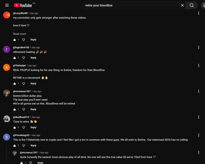 YouTube comments section for a video titled "retire your bloodline" with users like @Lucyallen88 and @TheDaddyd commenting about retirement, $retire token, and freedom.