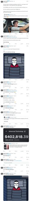 A Reddit thread showing posts about Nvidia with text 'Good lord holy Mother of God', 'Advanced Technology', and a stock price displaying '$402,818.39' along with a meme of a man in bed.