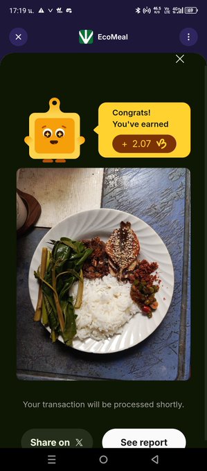 An EcoMeal app screen showing a receipt for a meal of white rice, greens, and meat, with a 'Congrats! You've earned + 2.07' notification displayed at the top.
