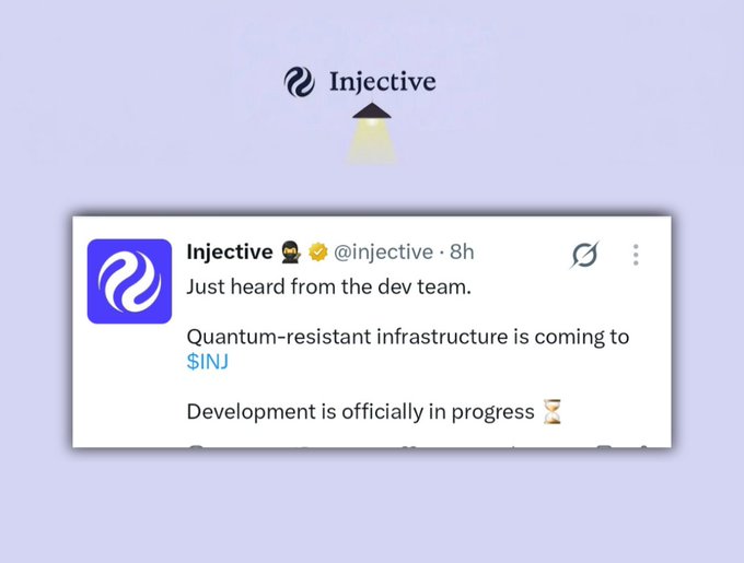 An Injective social media post announcing that 'Quantum-resistant infrastructure is coming to $INJ' with 'Development is officially in progress'.