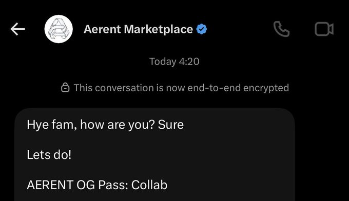 A Signal/Telegram encrypted chat conversation with 'Aerent Marketplace' showing a message about 'AERENT OG Pass: Collab' at 4:20.