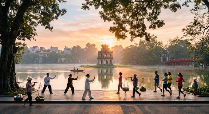 People practice tai chi along the walkway of Hoan Kiem Lake in Hanoi at sunrise, with the Turtle Tower visible on a small island in the misty water.