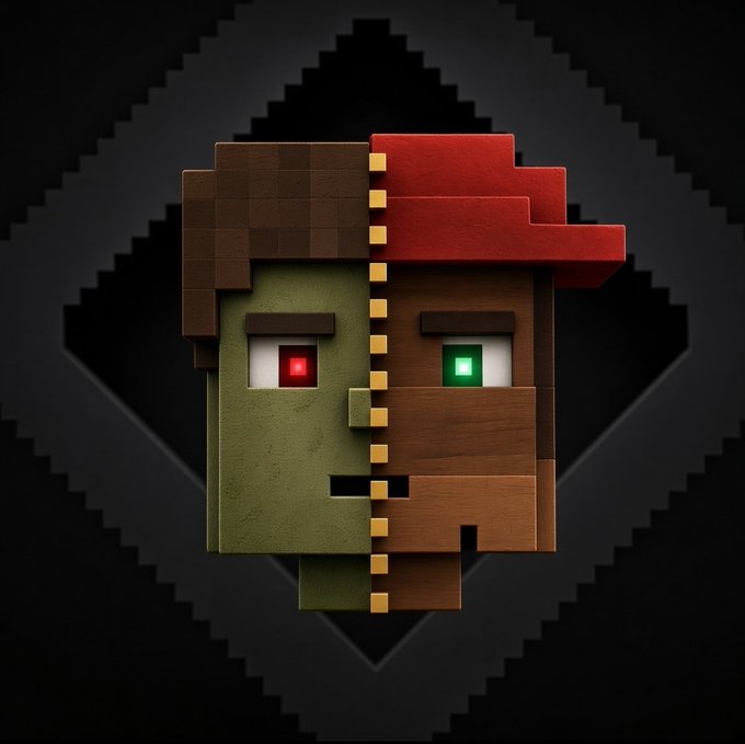 A Minecraft-style 3D rendered character with a split-face design—one side green and brown, the other wooden with a red cap—featuring mismatched red and green eyes against a black diamond-patterned background.