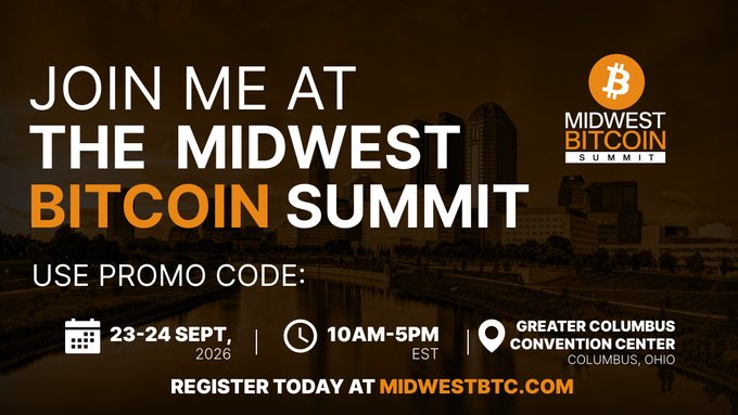 Promotional banner for the Midwest Bitcoin Summit, advertising the event on 23-24 September 2026 from 10AM-5PM EST at the Greater Columbus Convention Center in Columbus, Ohio, directing viewers to register at MIDWESTBTC.COM.