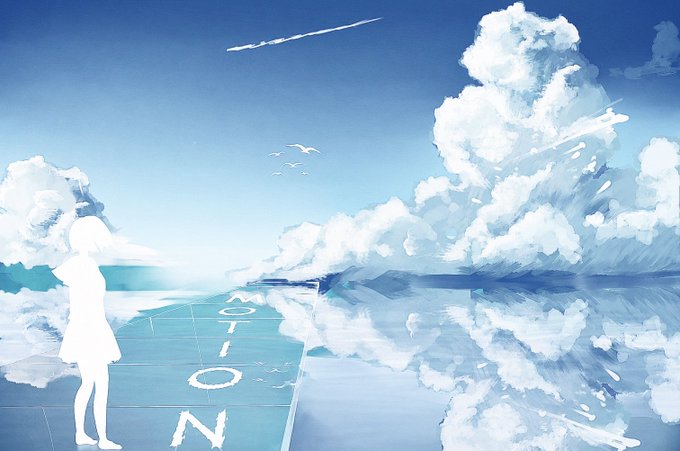 An anime-style illustration of a silhouetted figure standing on a path labeled 'MOTION' beside a vast reflective ocean, with white clouds and birds filling the sky.