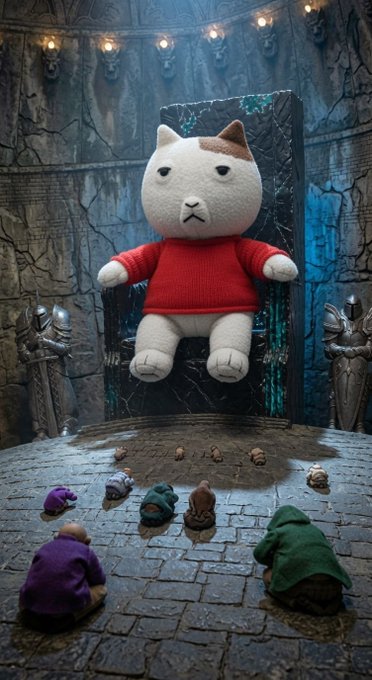 A plush cat toy in a red sweater sits on a throne surrounded by small hooded figurines in a gothic stone setting.